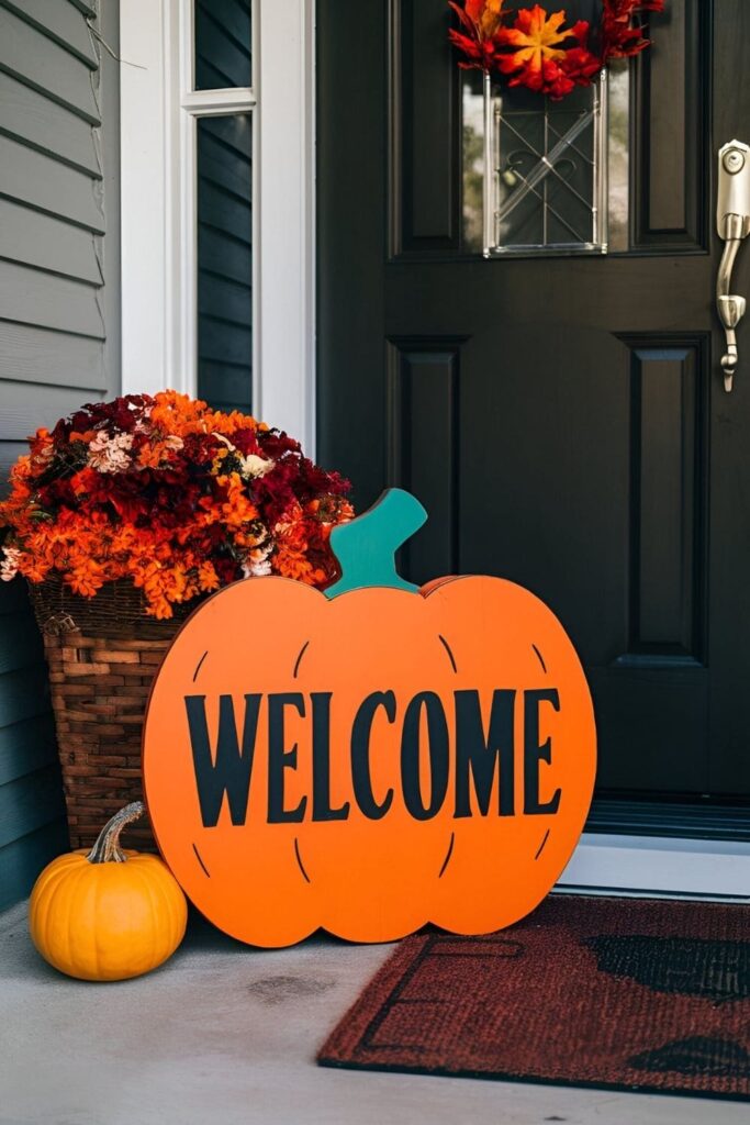 Bright orange wooden welcome sign shaped like a pumpkin with the word 'Welcome' in bold letters, placed by a front door with autumn decorations