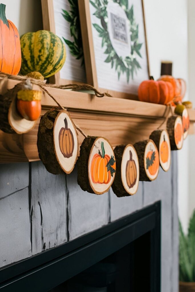 Garland made of wood slices or shapes painted with pumpkins, leaves, and acorns, strung together with twine, hanging over a mantel