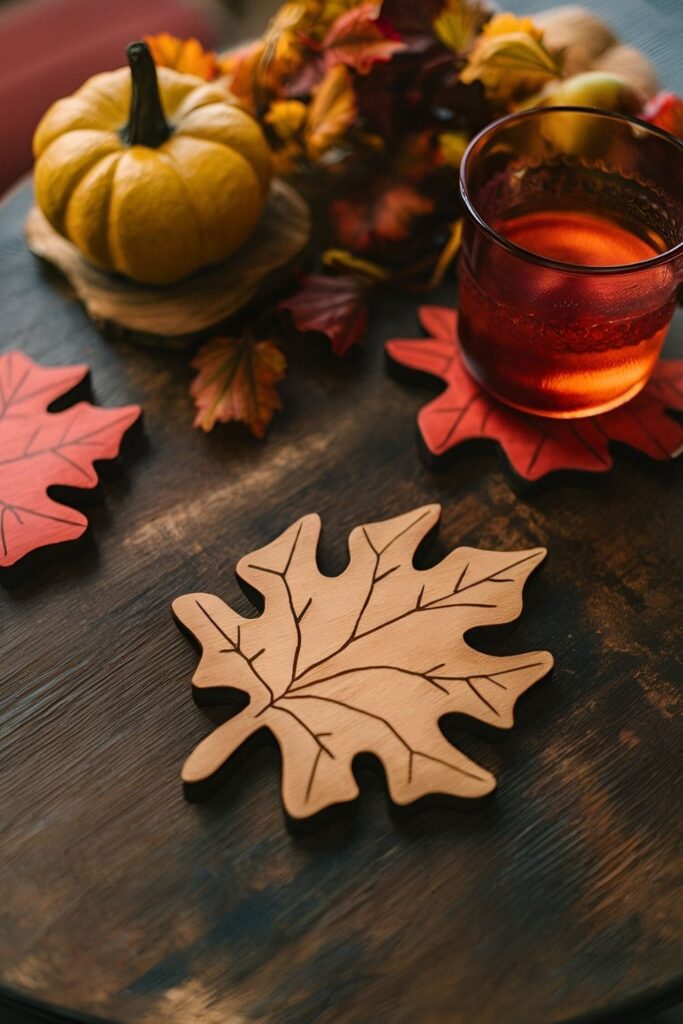 Leaf-shaped wooden coasters painted in autumn colors, arranged on a rustic table