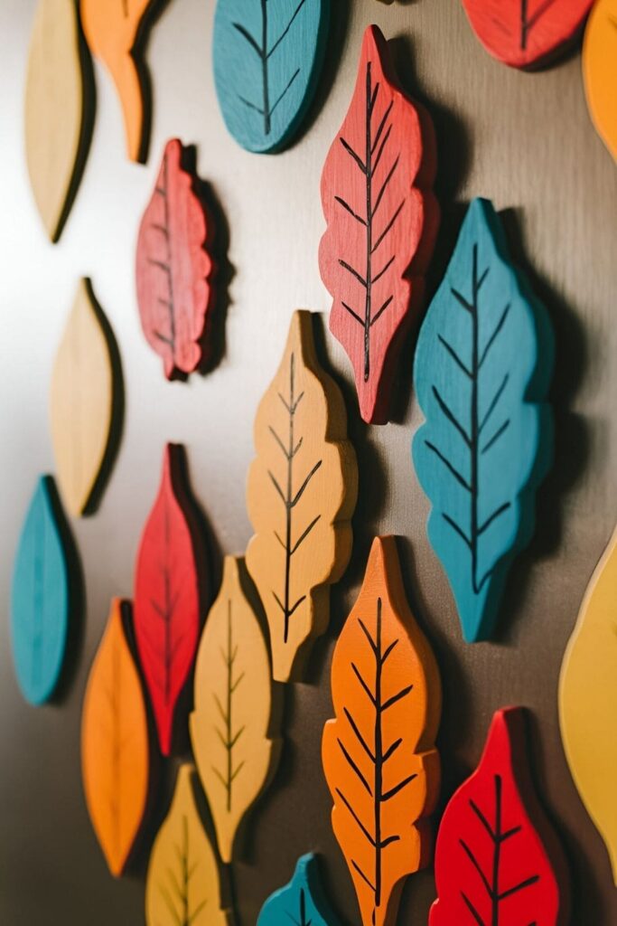 Leaf-shaped wooden magnets painted in fall colors, attached to a refrigerator or magnetic board