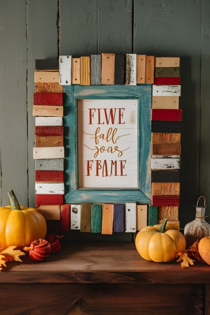 Picture frame made from strips of scrap wood, painted or distressed, holding fall-themed photos or artwork