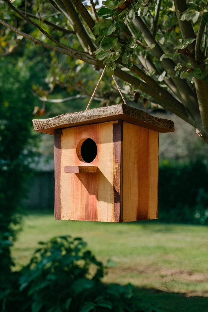 Simple wooden birdhouse with a perch, painted in warm tones, hanging from a tree in a garden