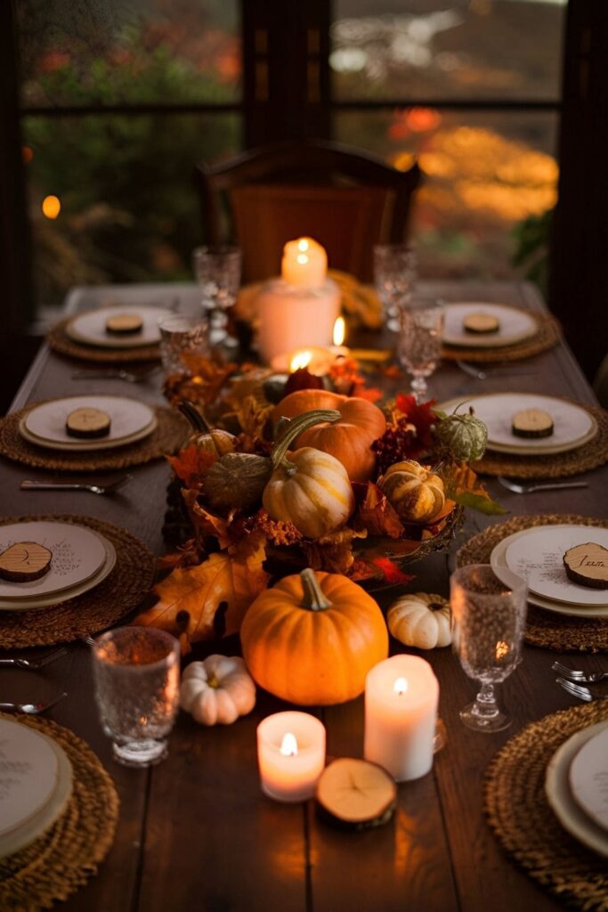 Small round wood slices used as place cards, with names written on them, set on a fall-themed dining table