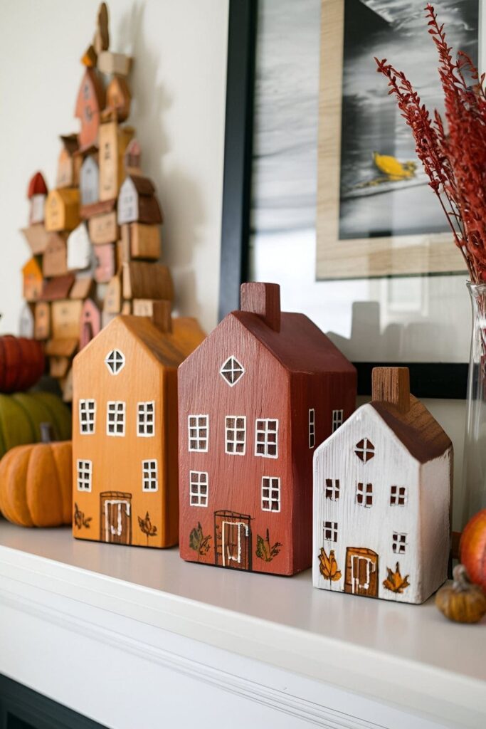 Small wooden houses painted in warm colors, with detailed windows and doors, arranged to create a fall village scene