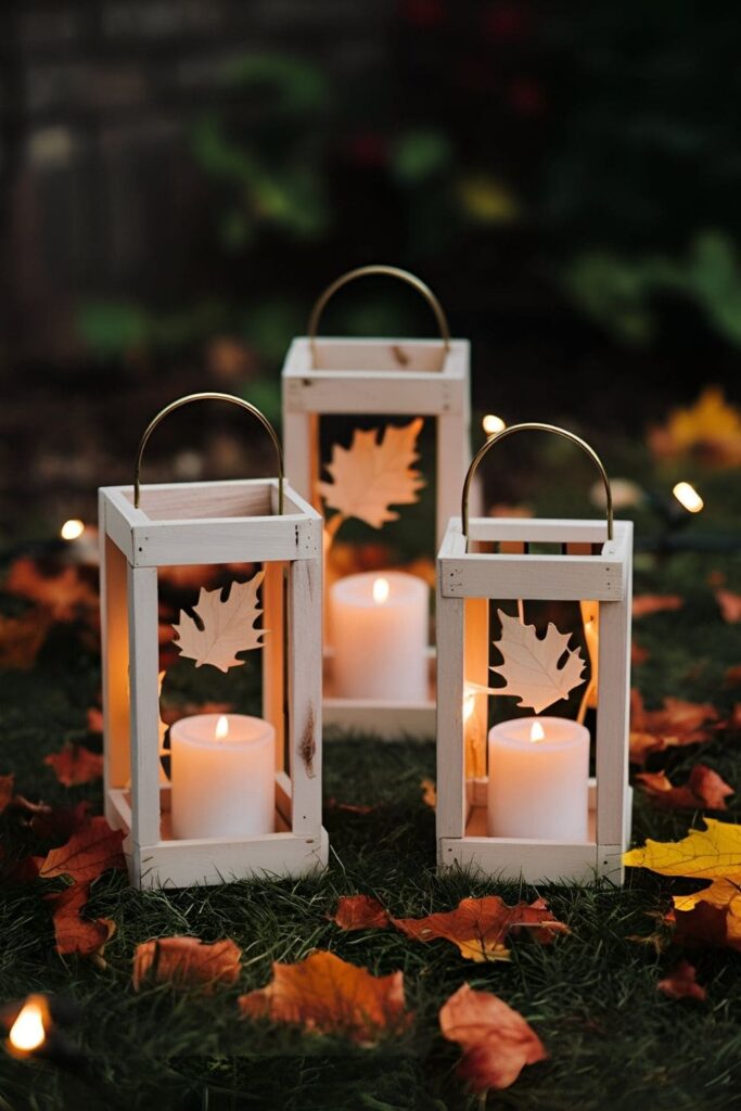 Small wooden lanterns with cutouts of leaves or pumpkins, lit with candles or fairy lights, creating a cozy fall ambiance