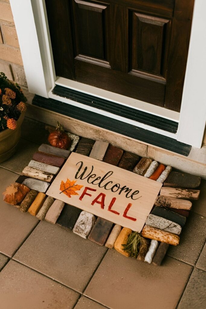 Small wooden mat made from arranged scrap wood pieces, painted with fall designs or messages like 'Welcome Fall,' placed at a doorstep