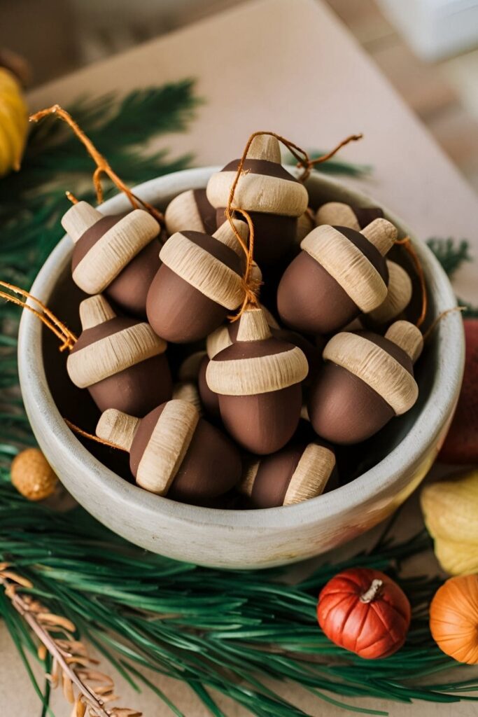 Wooden acorn decorations painted in brown and tan shades, displayed in a decorative bowl or hung as ornaments