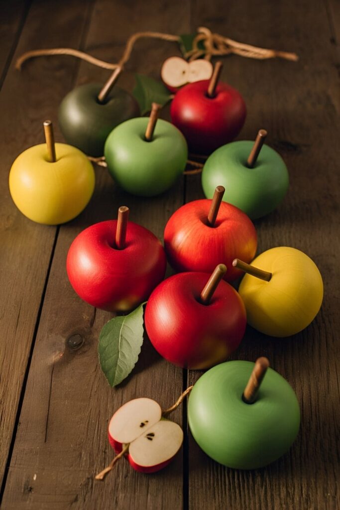 Wooden apples painted in shades of red, green, and yellow, used as tabletop decorations or strung together as a garland