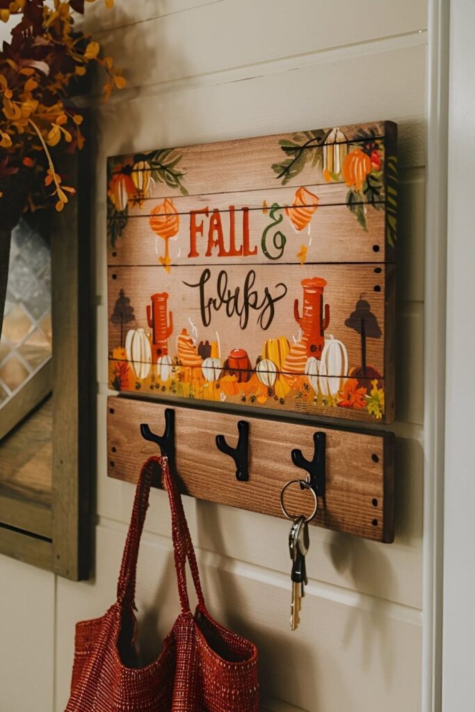 Wooden key holder with hooks or pegs, painted with fall motifs, placed near an entryway