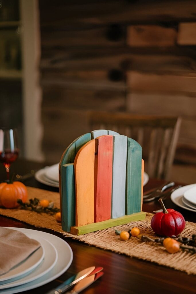 Wooden napkin holder painted in fall colors, placed on a dining table with a rustic fall-themed setting