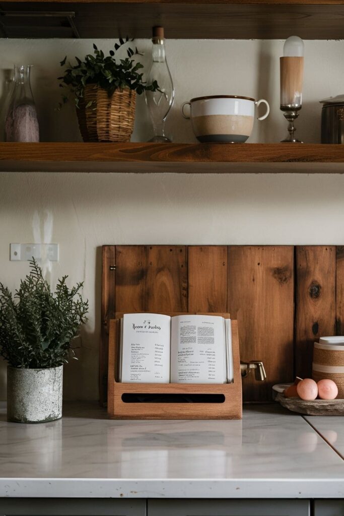 Wooden recipe holder with a groove for holding a card or cookbook open, painted or stained to match rustic kitchen decor