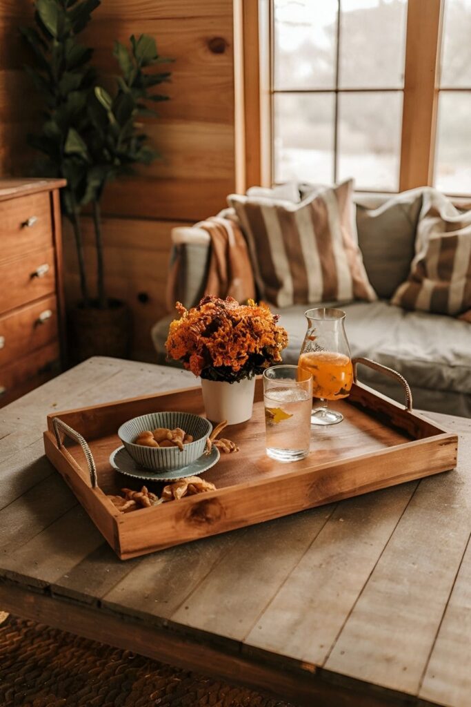 Wooden serving tray painted in warm fall tones, with handles, used for serving drinks or snacks