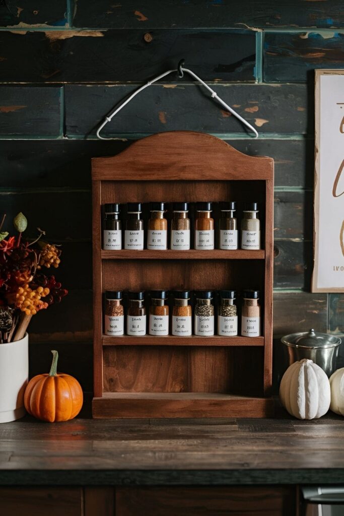 Wooden spice rack painted or stained, labeled with fall spices, displayed in a rustic kitchen setting