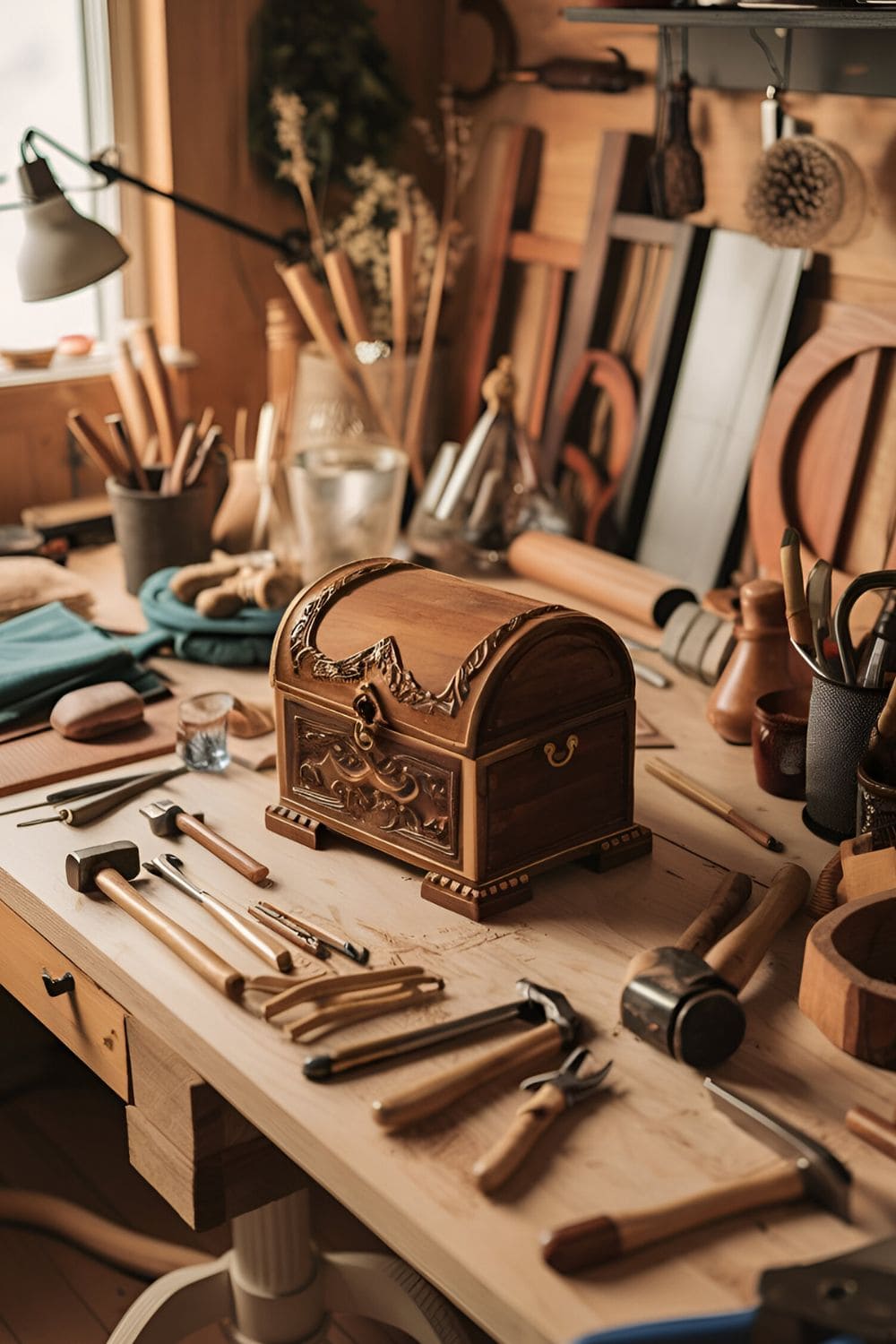 a crafting table, including tools, materials, and the finished project, to inspire creativity