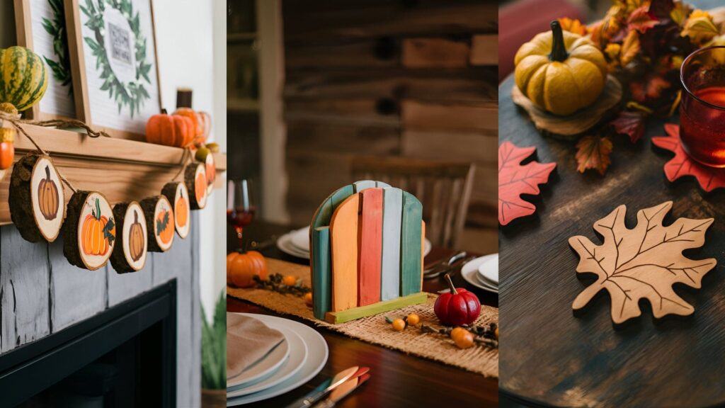 collage of 3 images of Fall Crafts With Scrap Wood