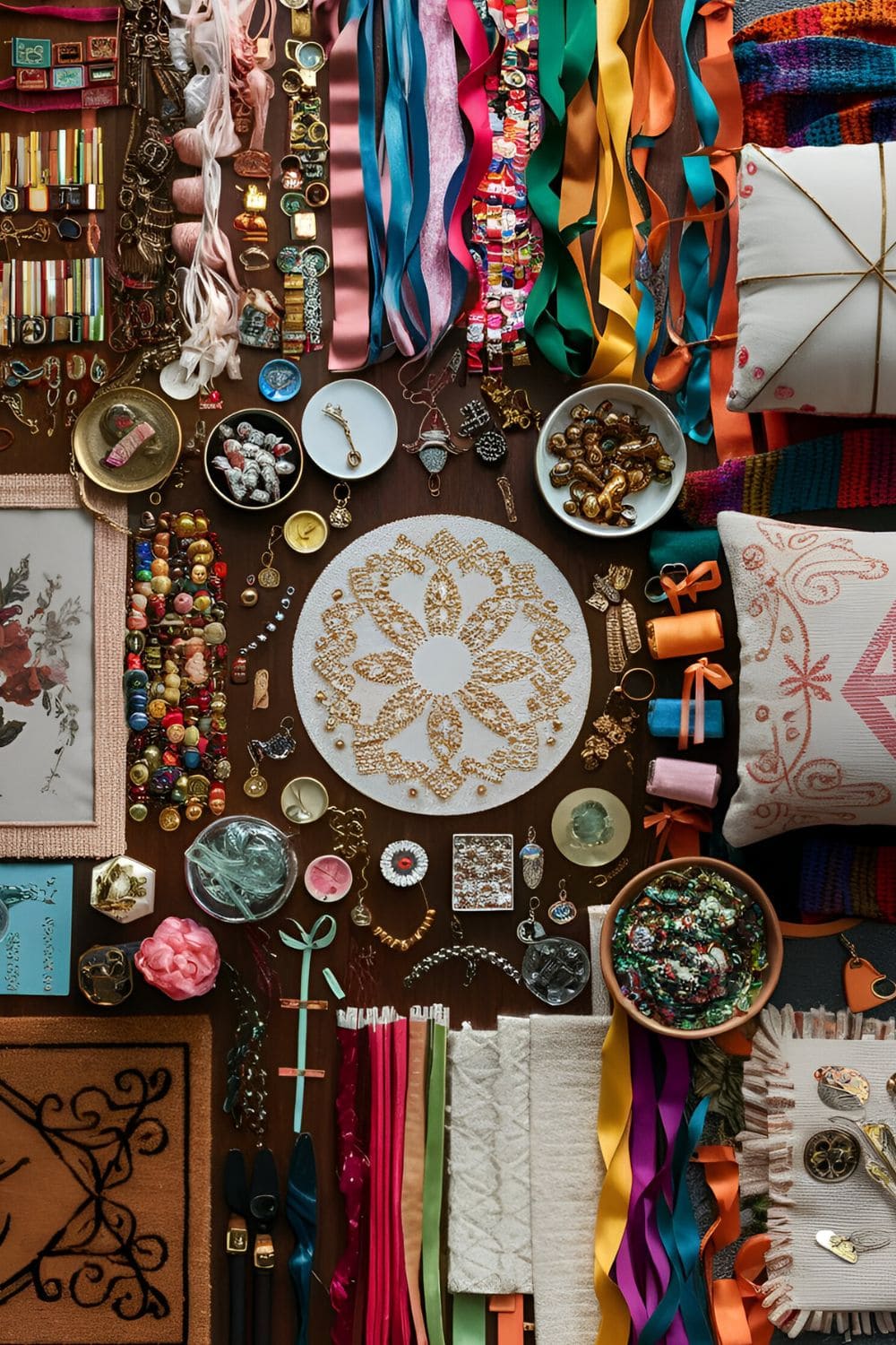 unique and curated craft ideas, with a variety of materials laid out neatly, highlighting special projects like intricate beadwork, personalized home decor, and handmade gifts, designed to inspire creativity