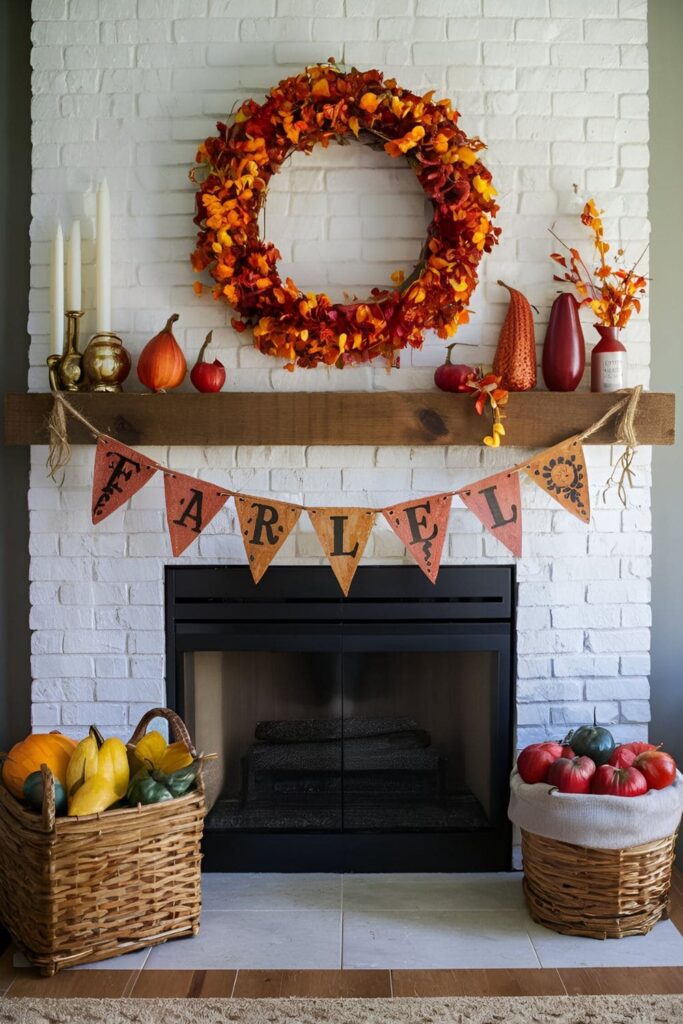 A banner made from pallet wood cut into triangles, painted in autumn colors with stenciled words like 'Fall' or 'Harvest,' hung across a fireplace or entryway