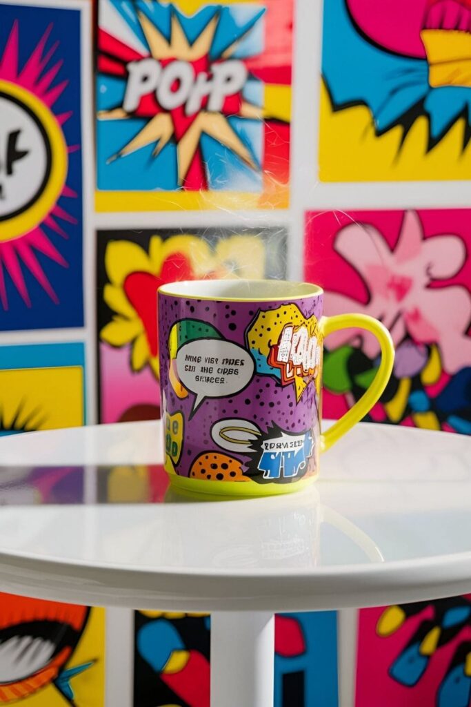 A bold mug with neon colors and pop art designs, set in a vibrant environment with pop art decor