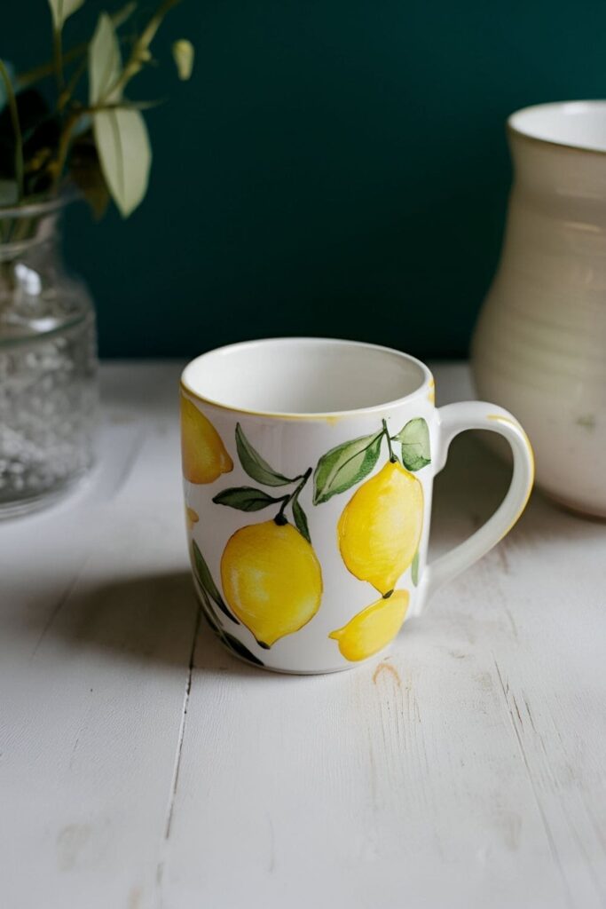 A bright and cheerful mug featuring hand-painted yellow lemons with green leaves, creating a fresh, zesty design