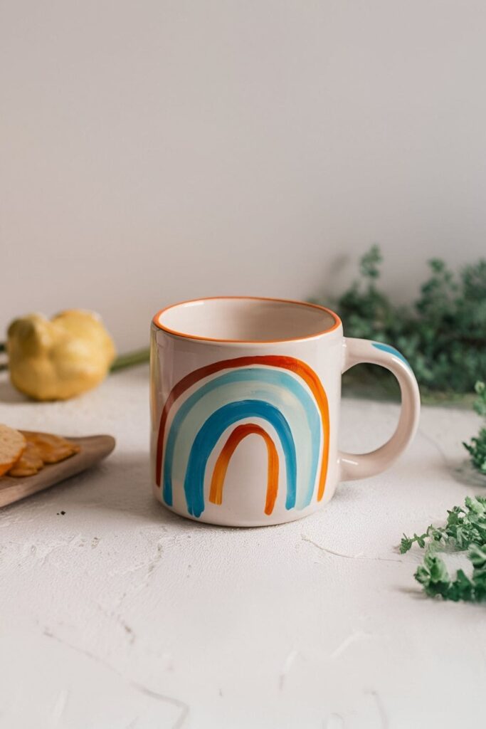 A cheerful mug with bold, colorful rainbow stripes wrapping around it, adding a bright and uplifting design