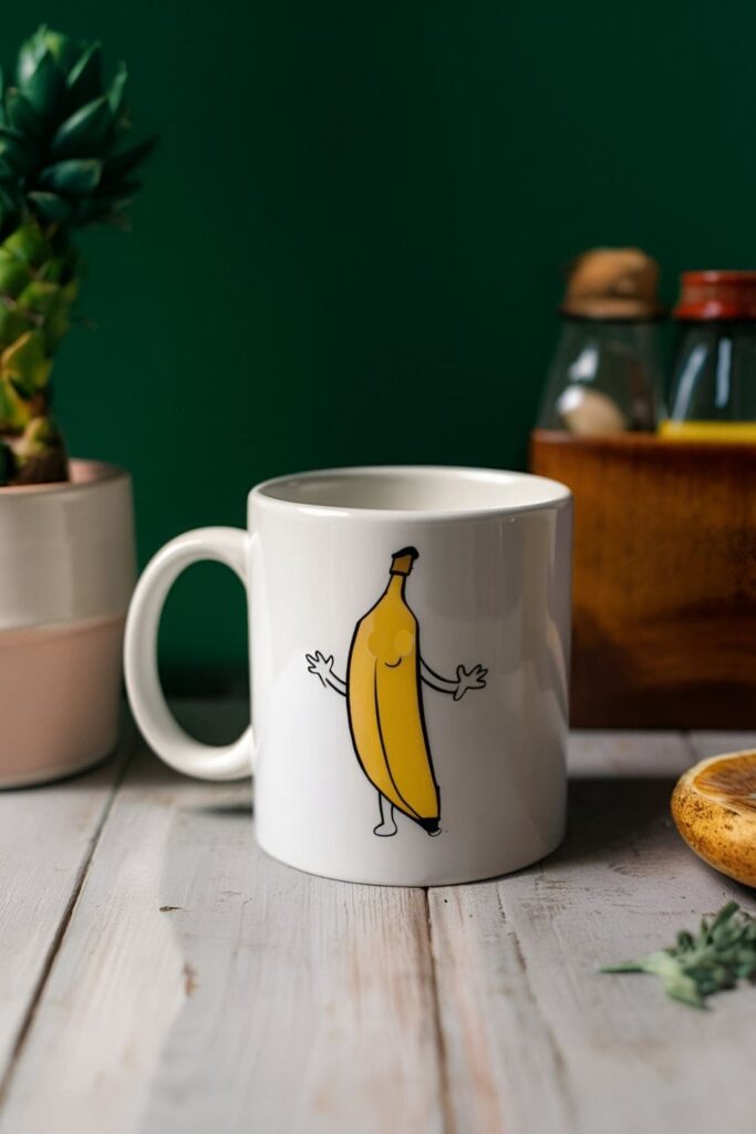 A collection of mugs with playful fruit characters, each featuring a different fruit like apples, oranges, and bananas with cute faces and tiny limbs