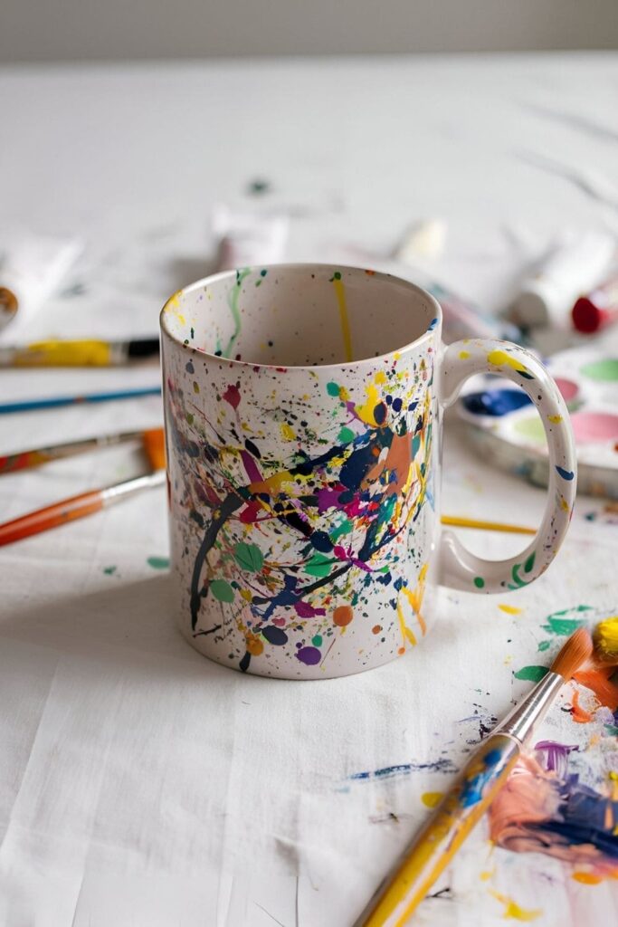 A colorful mug with a paint splatter design, set in an artistic environment with paintbrushes and a messy palette