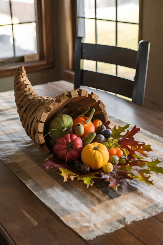 A cornucopia shape made from pallet wood, painted in rustic colors and filled with faux fruits, vegetables, and fall leaves, used as a Thanksgiving table centerpiece