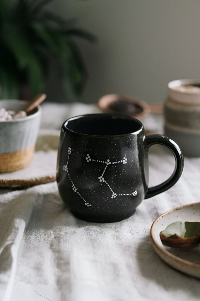 A dark ceramic mug featuring hand-painted constellations in white or silver dots, resembling a starry night sky