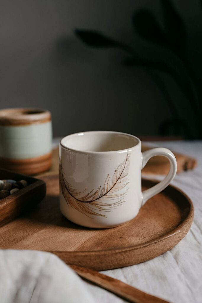 A delicate ceramic mug painted with soft, flowing lines to create the shape of feathers, using gentle, natural colors