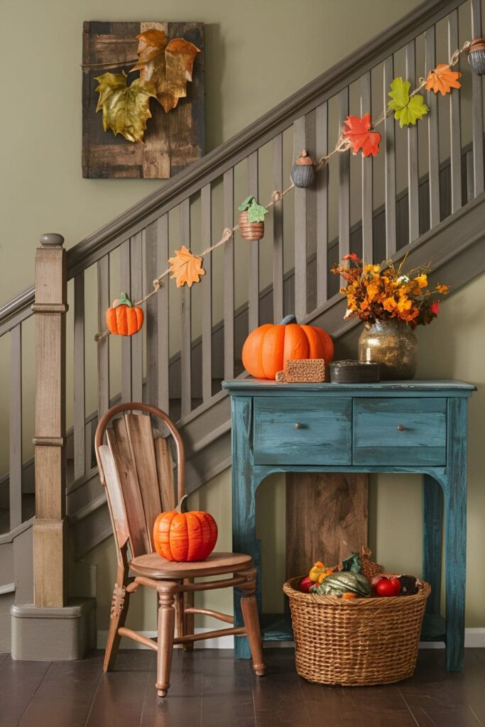 A garland made from pallet wood cut into leaf, pumpkin, and acorn shapes, painted in fall colors and strung with twine, hanging across a fireplace or staircase