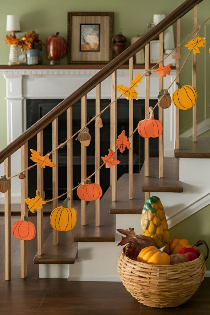 A garland made from pallet wood cut into shapes of leaves, pumpkins, and acorns, painted in fall colors and strung with twine, hanging across a fireplace