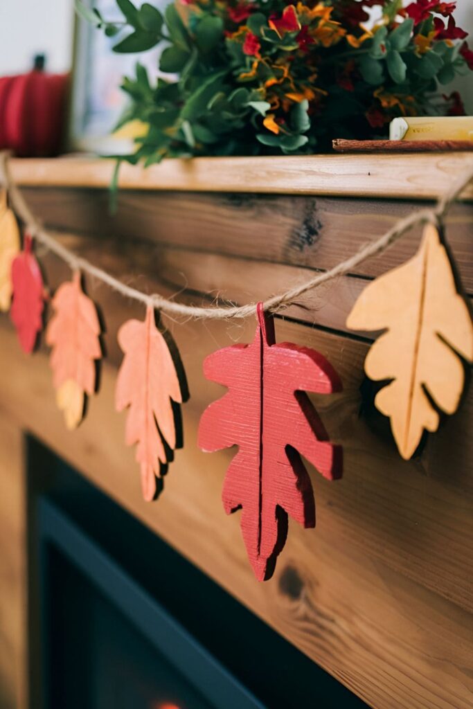 A garland made from pallet wood cut into small leaf shapes, painted in fall colors and strung with twine, decorating a mantel or doorway