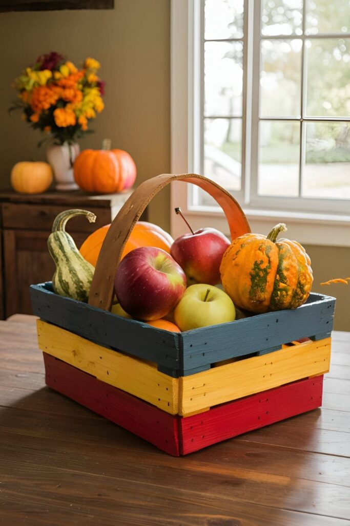 A harvest basket made from pallet wood, painted in warm fall hues and filled with seasonal produce like apples, pumpkins, and gourds, displayed in a kitchen