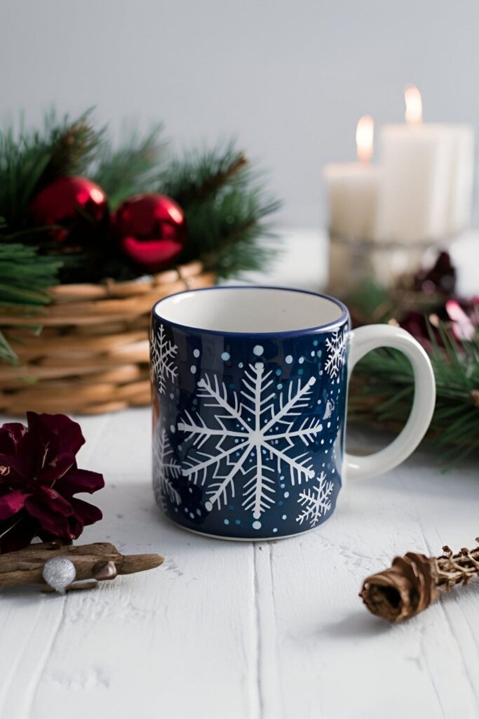 A holiday-themed mug with intricate white or silver snowflakes painted against a dark blue or red background, perfect for winter