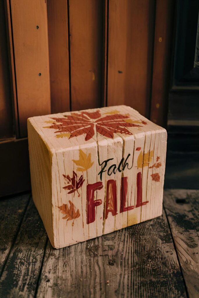 A large wood block painted with fall designs used as a decorative doorstop during autumn gatherings