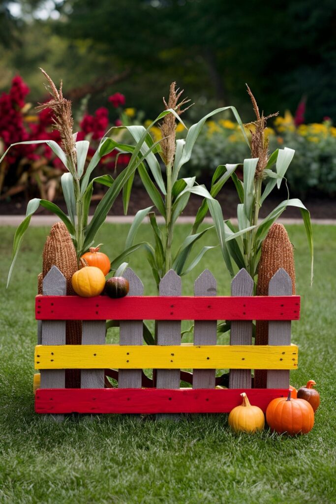 A miniature decorative fence made from pallet wood, painted in fall colors and adorned with small pumpkins and cornstalks, placed around a garden