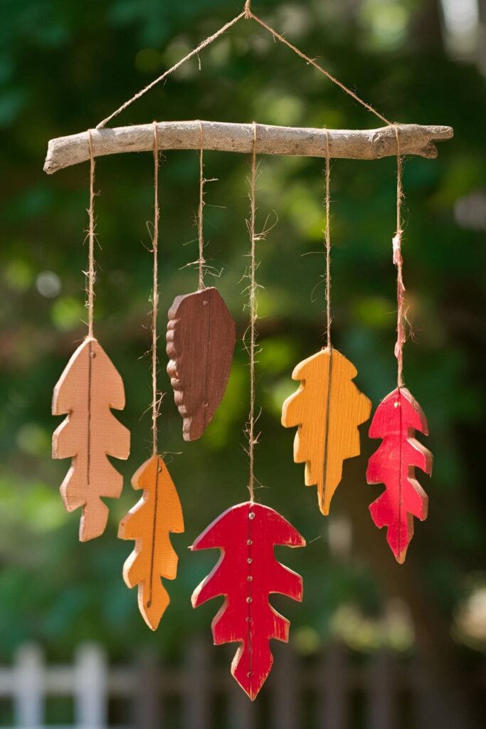 A mobile made from pallet wood cut into leaf shapes, painted in fall colors and hung from driftwood or a branch, swaying in the breeze