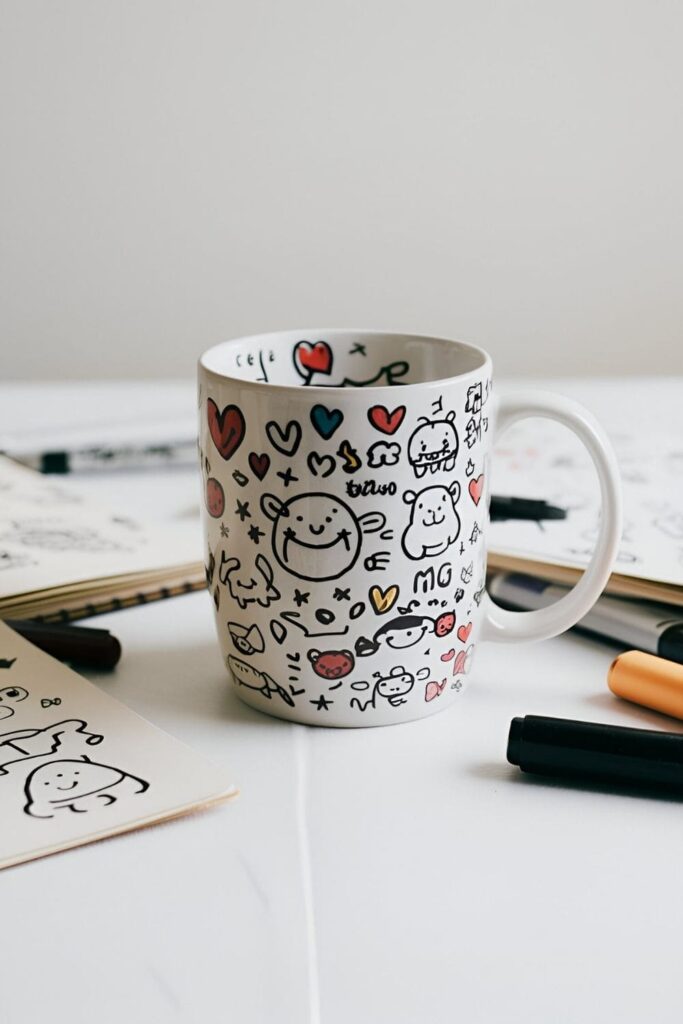 A mug covered in fun, hand-drawn doodles, set in a creative environment with sketchbooks and markers