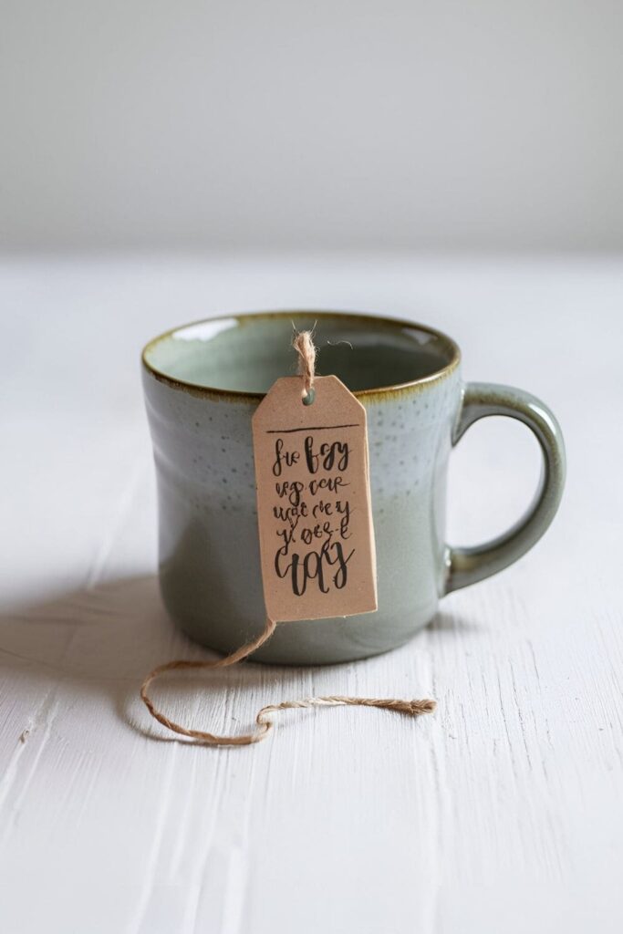 A mug with a hand-painted tea bag tag hanging over the rim, featuring a trailing string and a witty or cozy phrase for added charm