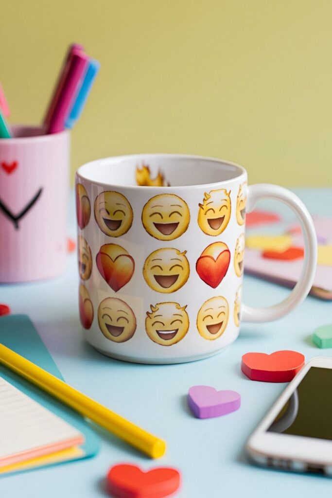 A playful mug covered in hand-painted emojis, set in a cheerful environment with colorful accessories