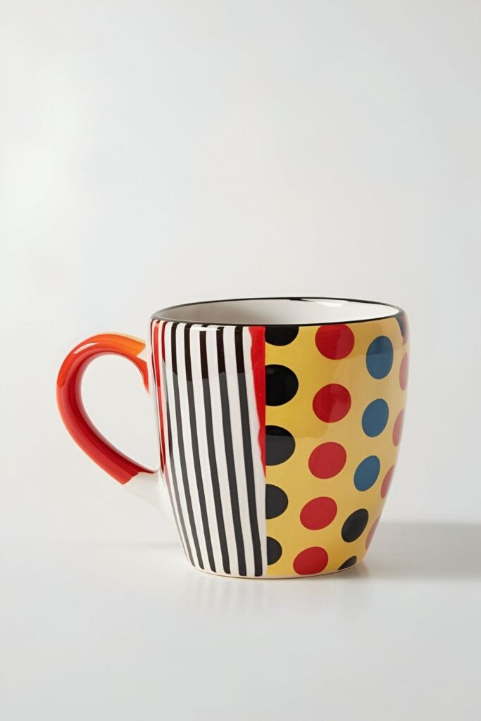 A quirky mug with a combination of different patterns, such as stripes, polka dots, and floral designs, creating an eclectic and playful look