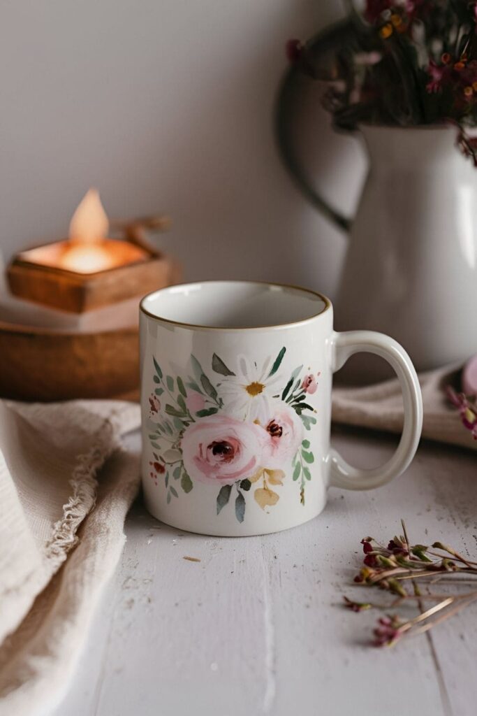 A romantic mug painted with soft, pastel watercolor flowers like roses and daisies, creating a serene and calming design