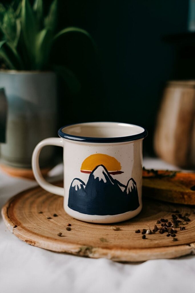 A serene ceramic mug painted with a simple mountain silhouette in dark colors, with a sunrise or sunset in the background