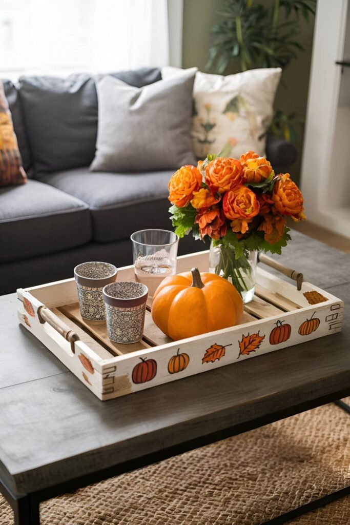 A serving tray crafted from pallet wood, featuring fall-themed designs such as pumpkins and leaves, used for serving snacks and drinks