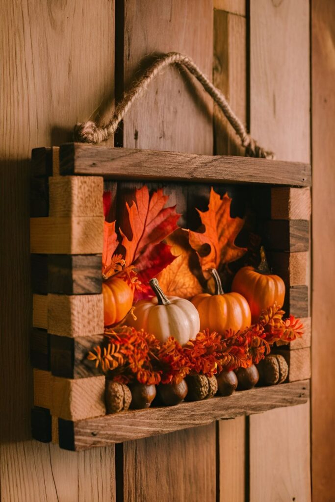 A shadow box made from pallet wood, filled with fall-themed items like acorns, leaves, and mini pumpkins, displayed on a wall or shelf