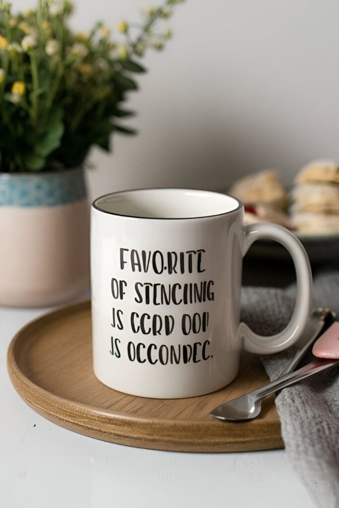 A simple ceramic mug with crisp, clean stenciled words or phrases, such as a favorite quote or motivational word