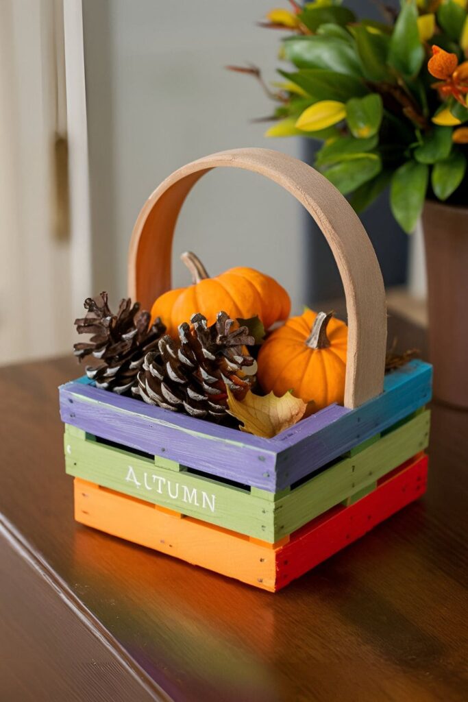 A small basket made from pallet wood, painted in fall colors and filled with pinecones, leaves, and mini pumpkins, used as a decoration in an entryway