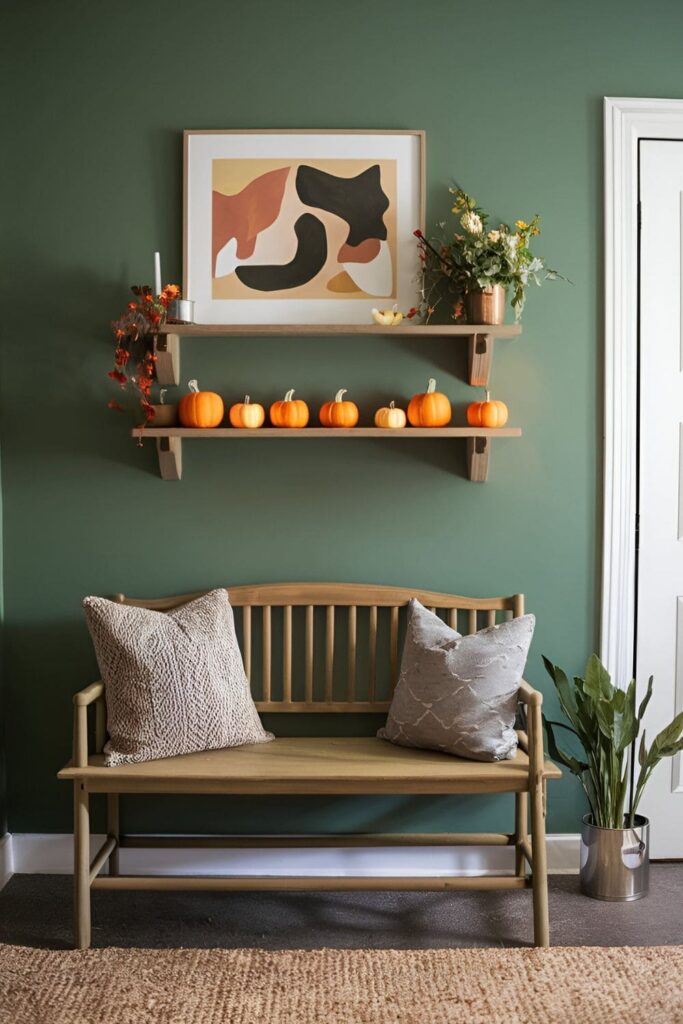 A small shelf made from pallet wood, painted in autumn colors, displaying fall decorations like candles, mini pumpkins, and abstract art in a living room