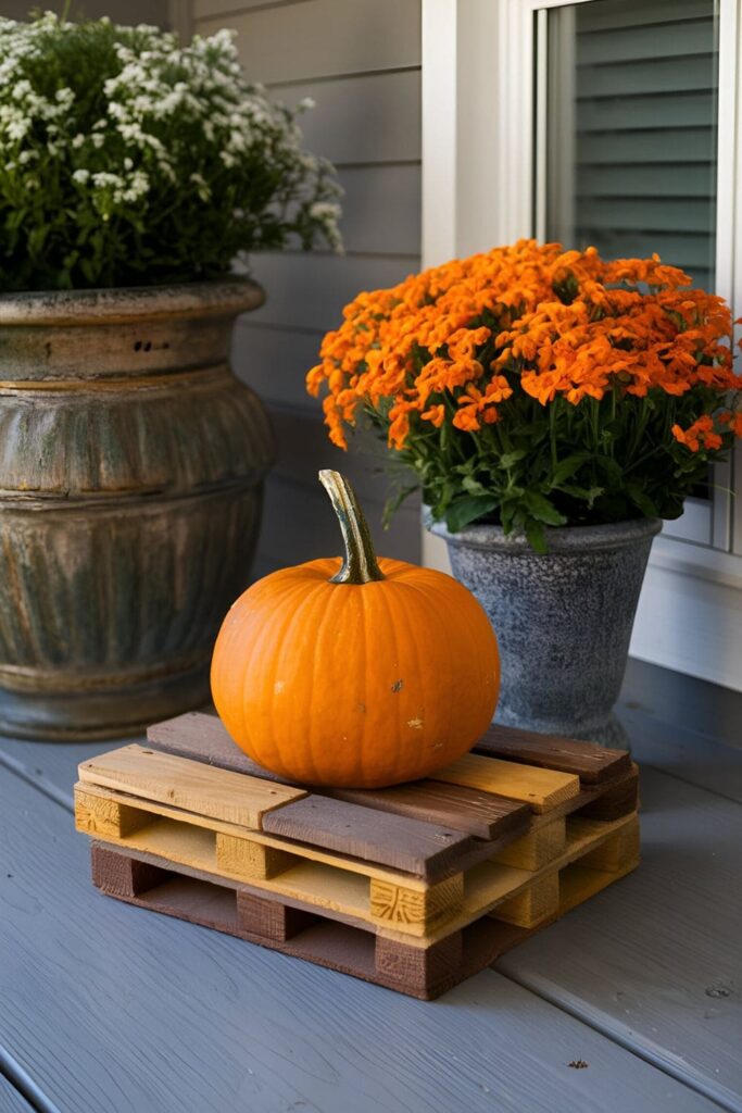 A small stand made from pallet wood, painted in rustic colors, used to display a pumpkin or a collection of mini pumpkins, placed on a porch or in a living room