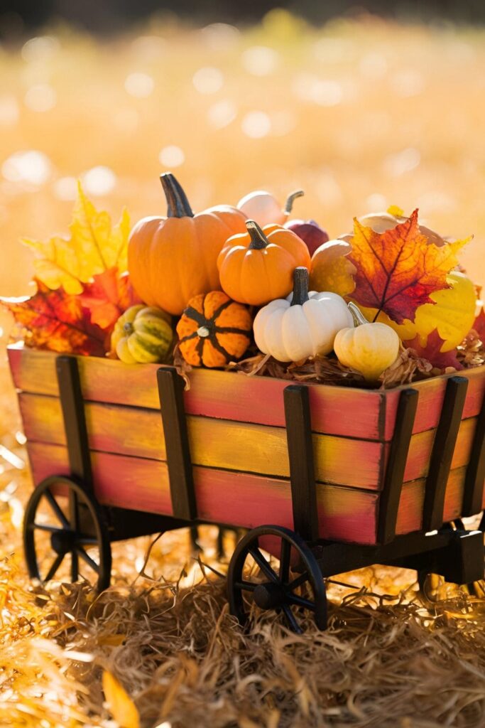 A small wood block harvest wagon painted in rustic colors, filled with mini pumpkins, gourds, and autumn leaves